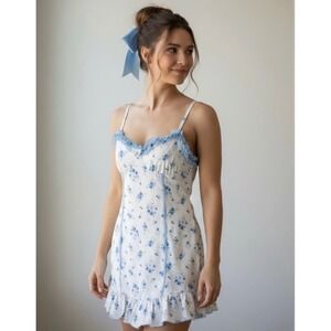 NEW Floral Mini Dress Cottagecore Blue Roses White Ruffle Trim Large
